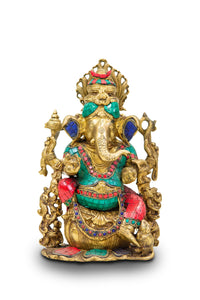 Solid Bronze Ganesh with Gems Sitting on Lotus Temple