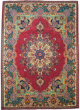 VINTAGE UNIQUE PERSIAN RUG IN GREEN AND RED