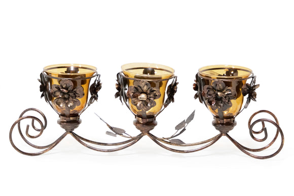 3-Candle Tinted Hurricane Glass Holder with Garden Motif