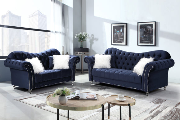 Lawrence Velvet Sofa Set in Midnight Blue / Grey