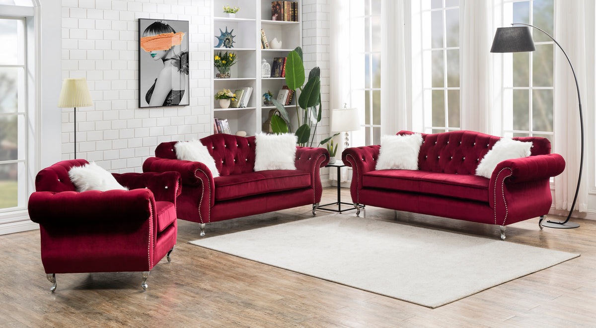 Georgina Red Velvet Sofa Set With