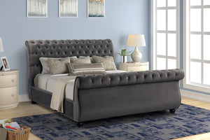 Harriet Tufted and Studded Sleigh Bed in Grey