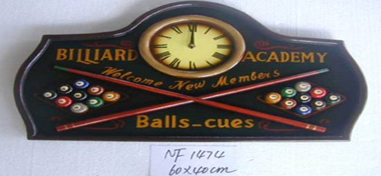 Billiard Wooden Wall Plaque With Clock
